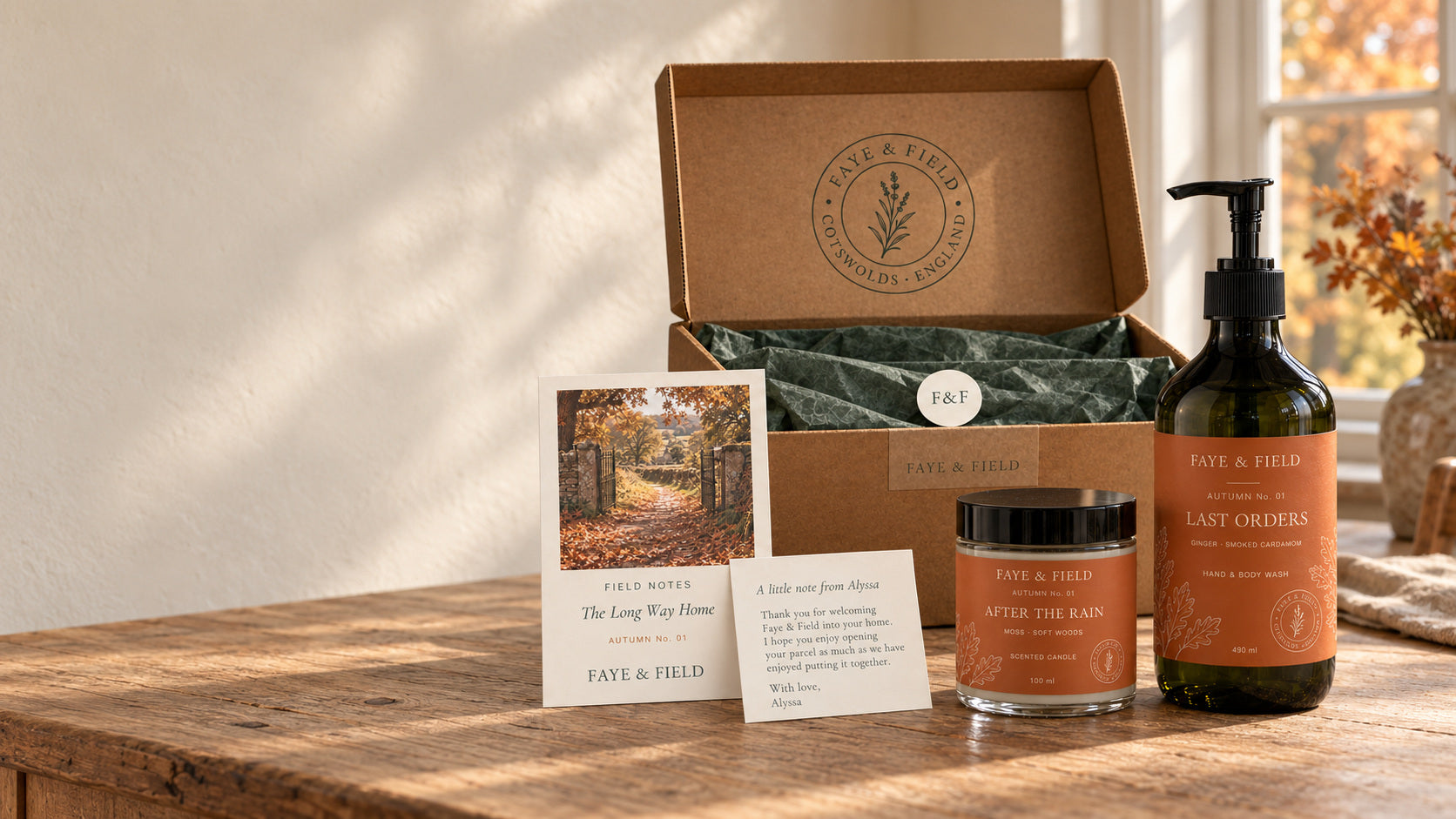 Faye & Field Autumn No. 01 seasonal box with Last Orders wash, After the Rain candle and the Field Notes story