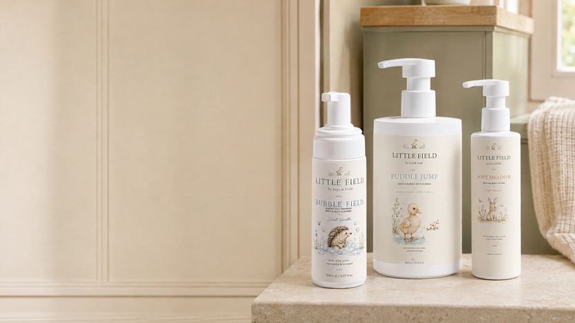 Little Fields bath and body products showing the collection's coordinated labels and countryside brand presentation